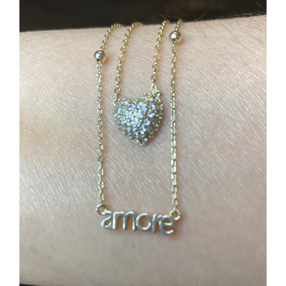 925 Sterling Silver Gold Plated C Z Double Rolo Chain Necklace/Amore/Heart  16"L